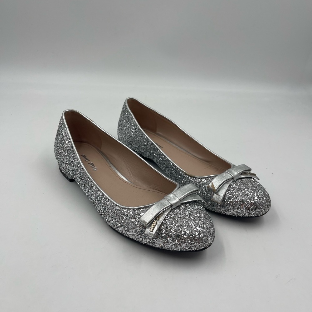 Miu Miu Silver Glitter Flats with Bow